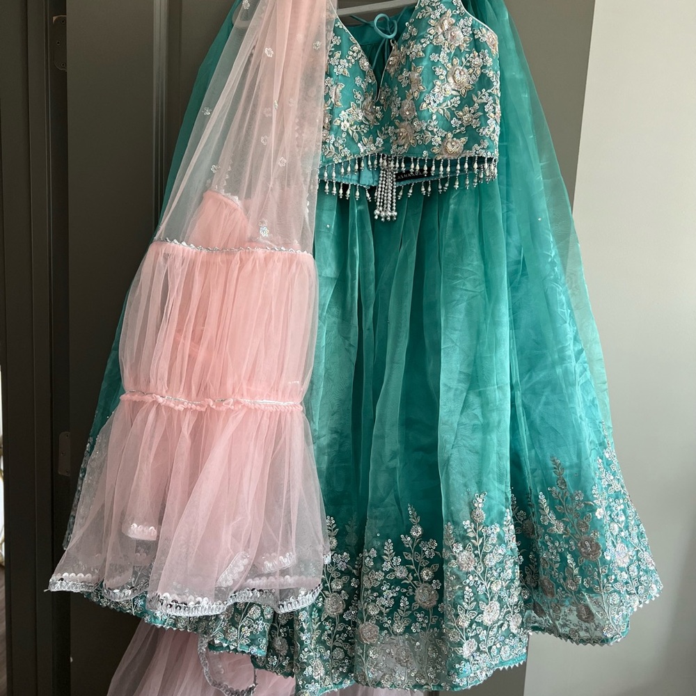 Teal Embroidered Maxi Dress with Pink Tulle Dupatta